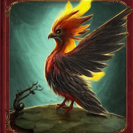 Prompt: An image of a cute adorable fledgling phoenix frets as it studies the magic booklet. Small embers fall softly from its wings and singe the hard oak table. A darkness surrounds, and the murky depths of library hide an ominous threat. The glow from the flames illuminates. The image was cgi, and is very impressive. The image is a 3D three dimensional image, and employs shaders and advanced techniques