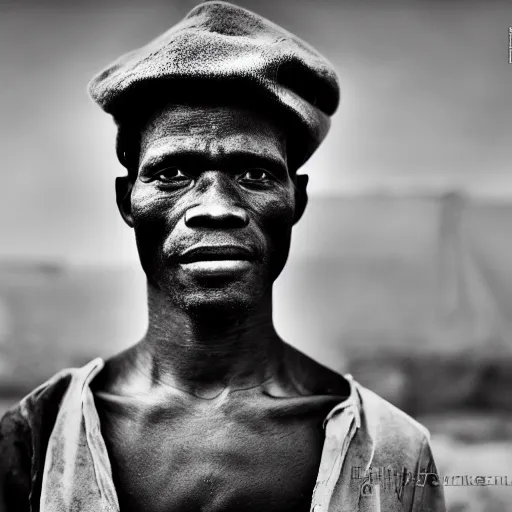 Image similar to black and white photo, portrait of Congo mineworker by Stephan vanfleteren, realistic, Leica, medium format, cinematic lighting, parallax, high resolution,