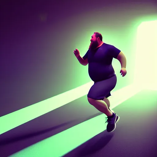 Image similar to a fat man running on a treadmill heavily sweating ultra realistic, lens flare, atmosphere, glow, detailed, intricate, full of colour, cinematic lighting, trending on artstation, 4 k, hyperrealistic, focused, extreme details, unreal engine 5, cinematic, masterpiece, ultra realistic, hyper realistic, highly detailed, sharp focus, digital art