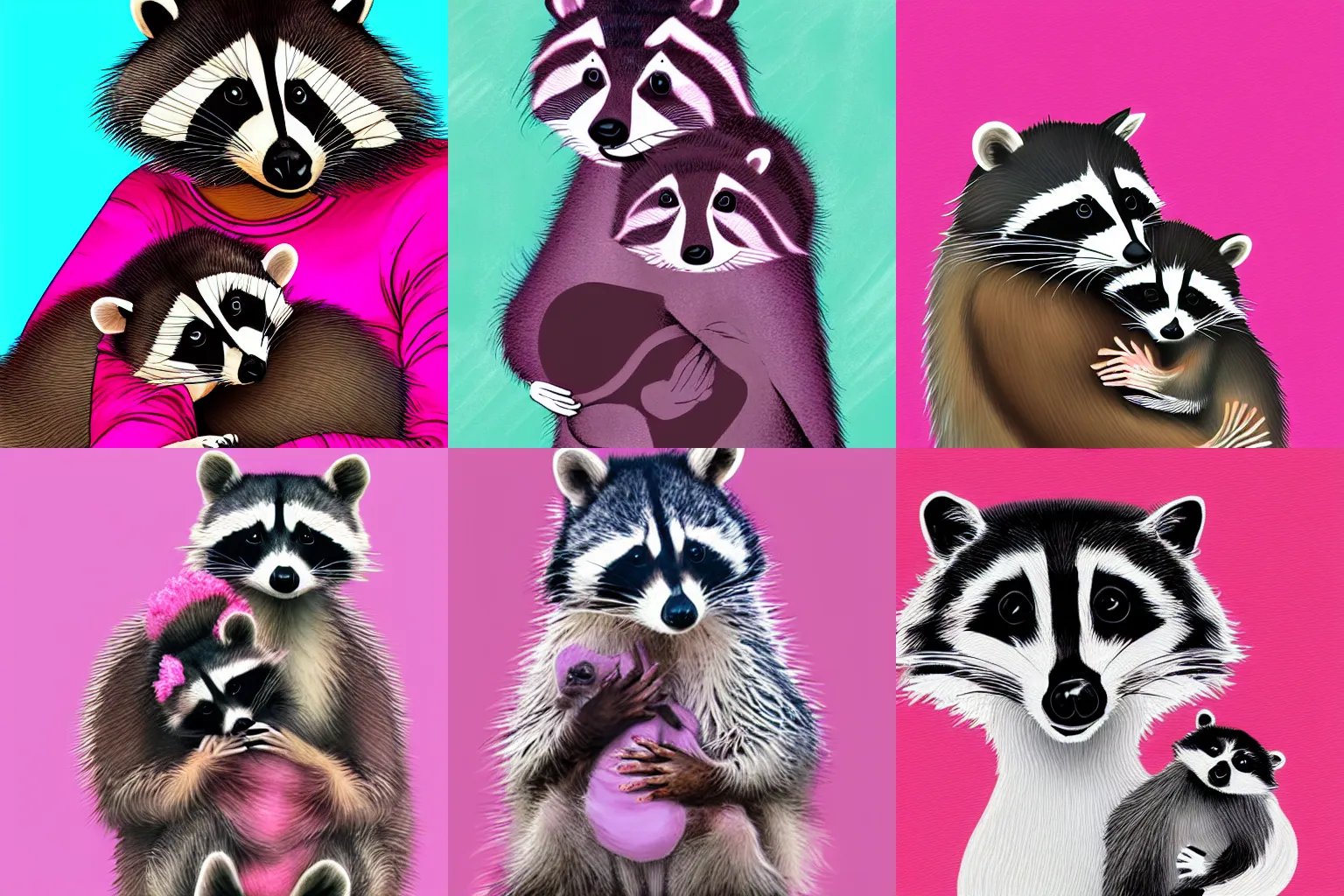 Prompt: Mother raccoon holding baby, digital art, pink background