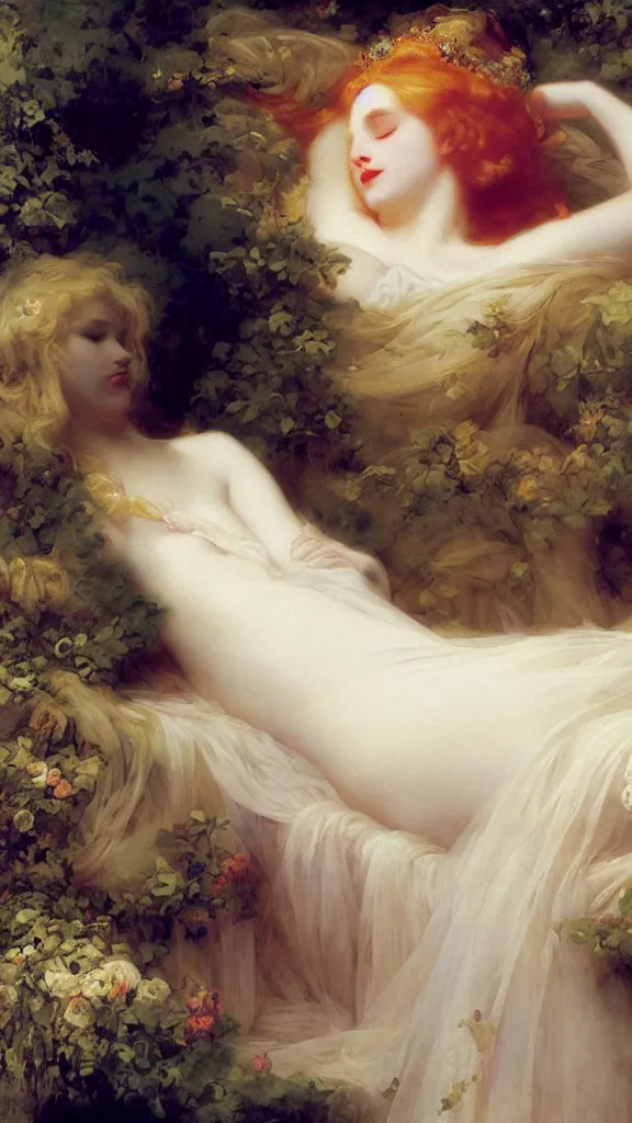 Image similar to blonde beautiful pale skin sleeping princess by franz xaver winterhalter and delphin enjolras and rebecca guay