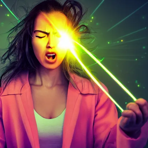 Prompt: a angry woman shining lasers out of her eyes