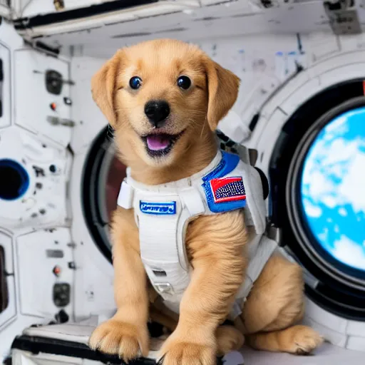 Prompt: a cute puppy in a space suit floating inside the international space station, realistic, professional photography, 4 k, sharp lens, focus, depth of field