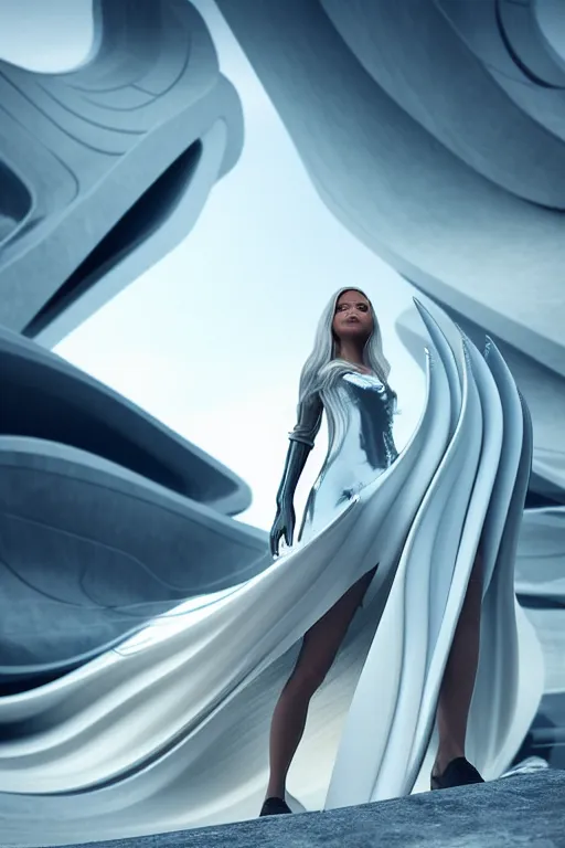 Image similar to a futuristic scene with an log silver haired beautiful woman in a white flowing dress, in front of a zaha hadid building, cinematic matte painting, extreme detail photo quality, dark moody colors, featured on behance