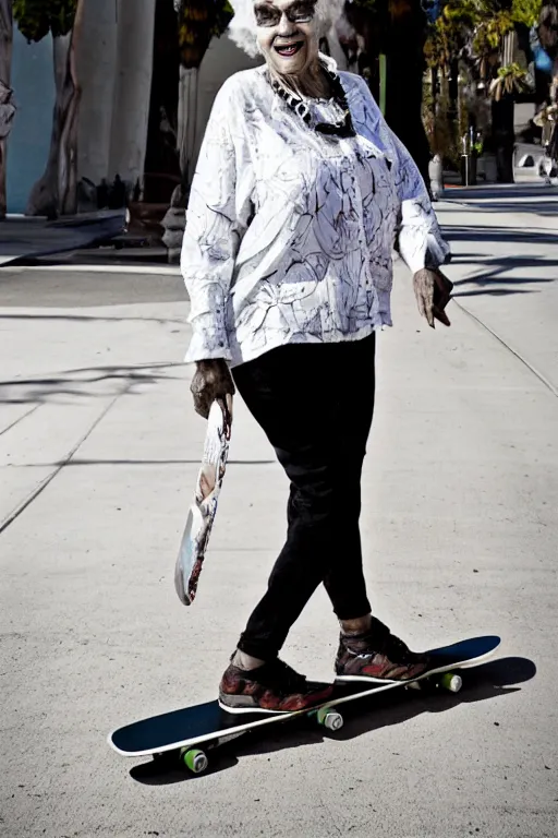 Image similar to a portrait of a fashionable gran on a skateboard in los angeles