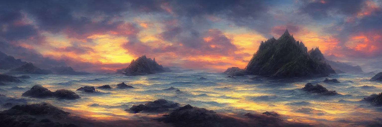 Prompt: idyllic fantasy landscape, sea coast, sunset