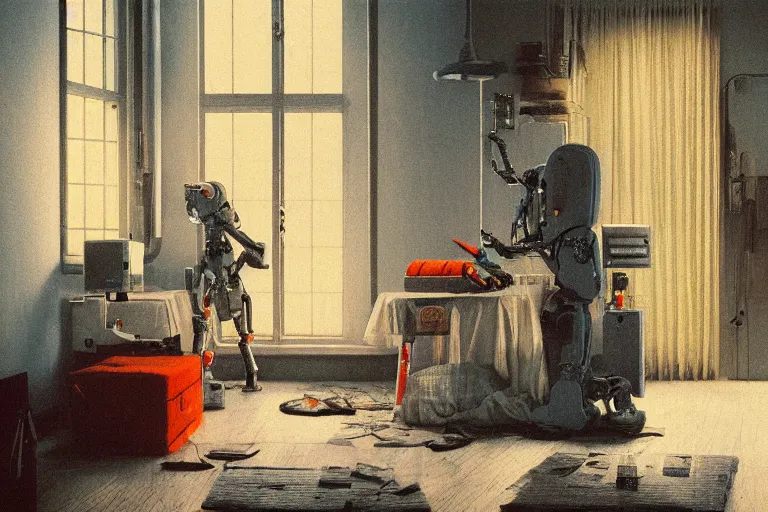Image similar to IKEA catalogue photo, cyberpunk teenager bedroom, robots, by Beksiński