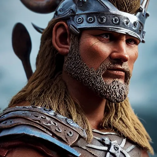 Image similar to of a 3d clay model of a viking from valhalla, wearing the horned helmet ultra fine detail, hair strands, ultra high resolution, fine texture detail, miniature painting techniques, perfect proportions, marvel cinematic universe, eric bana