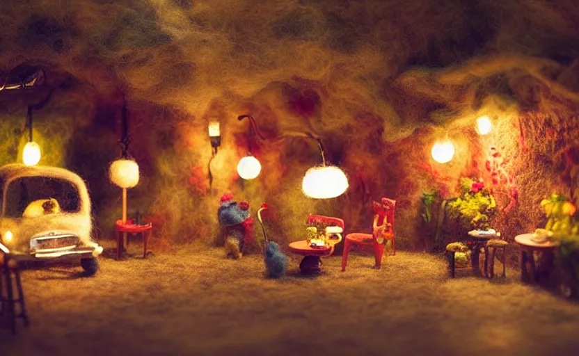 Prompt: mini cafe diorama macro photography, cafe for felted animals, ambient, atmospheric photograph, string lights, romantic
