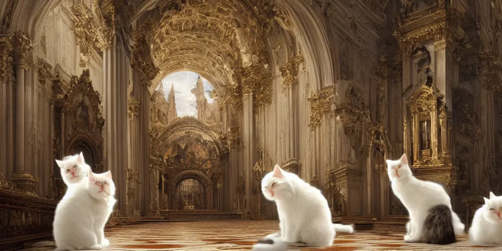 Image similar to beautiful oil matte painting, white fluffy cats holding a church ceremony inside a baroque cathedral, wonderful masterpiece highly detailed, beautiful cinematic light deep focus, elegant, digital painting, smooth, sharp focus, golden ratio, dramatic illumination, ultra realistic, 8 k, art by giovanni bellini and caravaggio