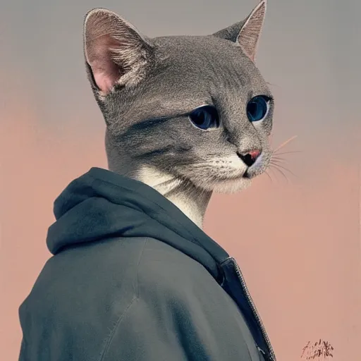 Prompt: Portrait painting of an anthropomorphic gray cat wearing a jacket, as an The Badboys (2022) character, medium shot, asymmetrical, profile picture, Organic Painting, sunny day, Matte Painting, bold shapes, hard edges, street art, trending on artstation, by Huang Guangjian and Gil Elvgren and Sachin Teng