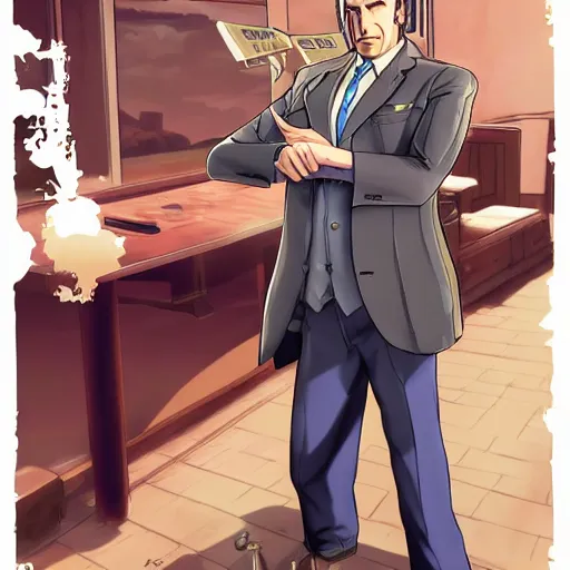 Image similar to saul goodman in ace attorney by kazuya nuri, concept art