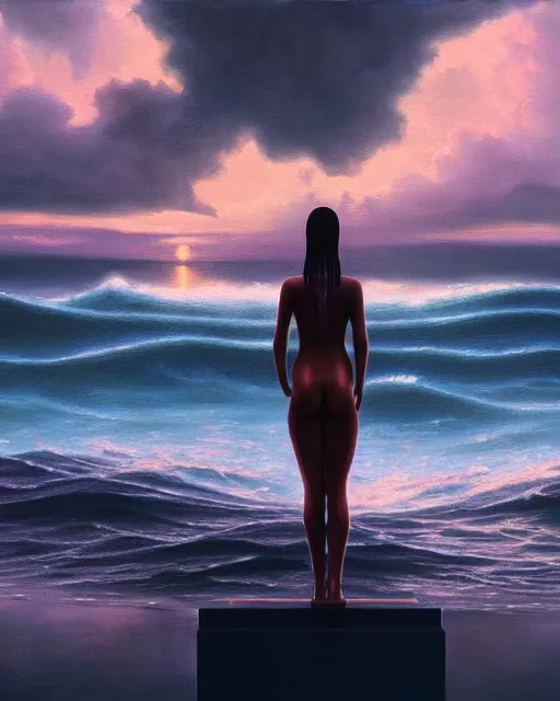 Image similar to a painting of a woman standing in the water. the woman is standing in front of a statue, a screenshot by stanley twardowicz, cgsociety, aestheticism, aesthetic, vaporwave, anime aesthetic, volumetric lighting