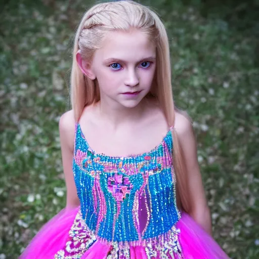 Image similar to a beautiful young princess with long blonde hair and blue eyes wearing a sleeveless elaborately beaded pink dress, high resolution film still, 8k, HDR color, film by Simon Langton and David Frankel