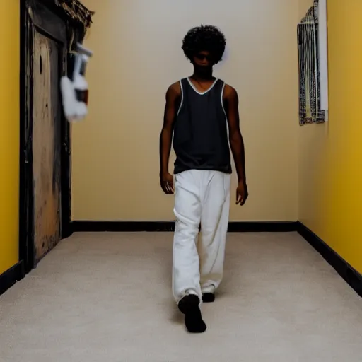 Prompt: black teenage boy wearing a white tank top with a long nose, walking in a nostalgic room with yellow walls and brown carpet