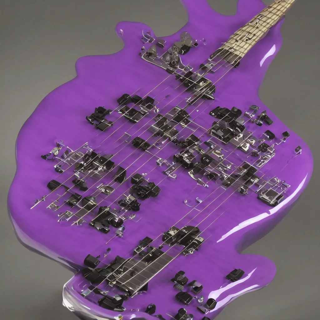 Prompt: bass guitar designed by beeple and built by geiger with bulging eyes violet