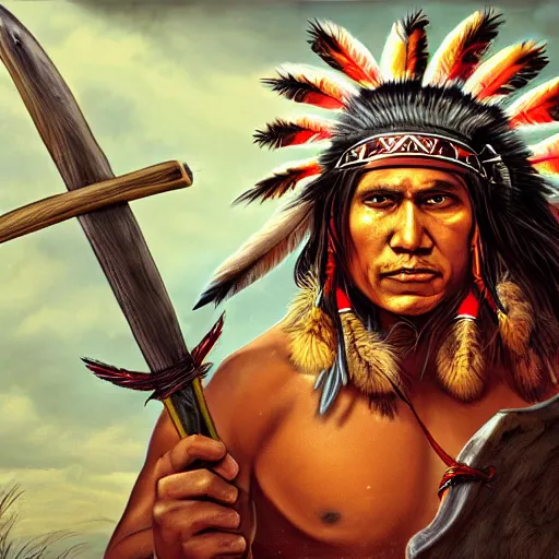 handsome Native American man wears warrior regalia and