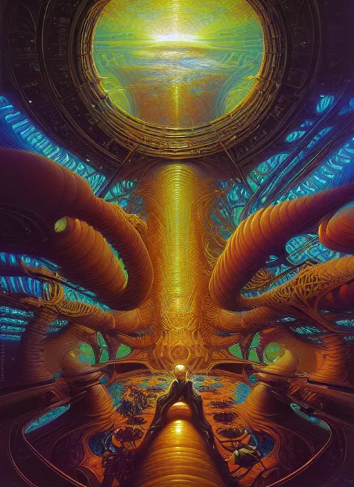 Prompt: futuristic, tim hildebrandt, intricate, elegant, sharp focus, illustration, art by artgerm, bob eggleton, michael whelan, stephen hickman, richard corben, wayne barlowe beautiful psychedelic dmt lighting, hyper detailed, 8 k, oil on canvas 8 k