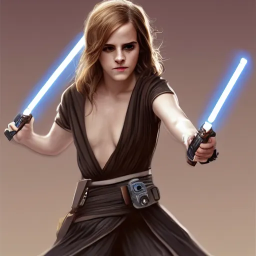 Prompt: emma watson holding a lightsaber, by wlop, trending on artstation, concept art, illustration, intricate, ornate, 8 k, highly detailed