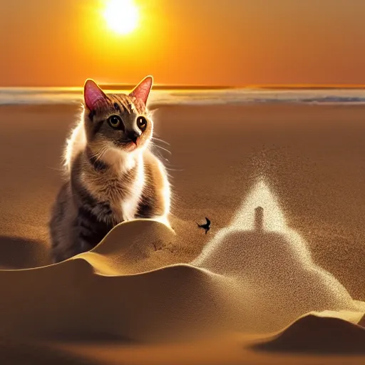 Image similar to photo of a cat building a sandcastle on a beach, photorealistic, 8 k photo, golden hour, award winning editorialized