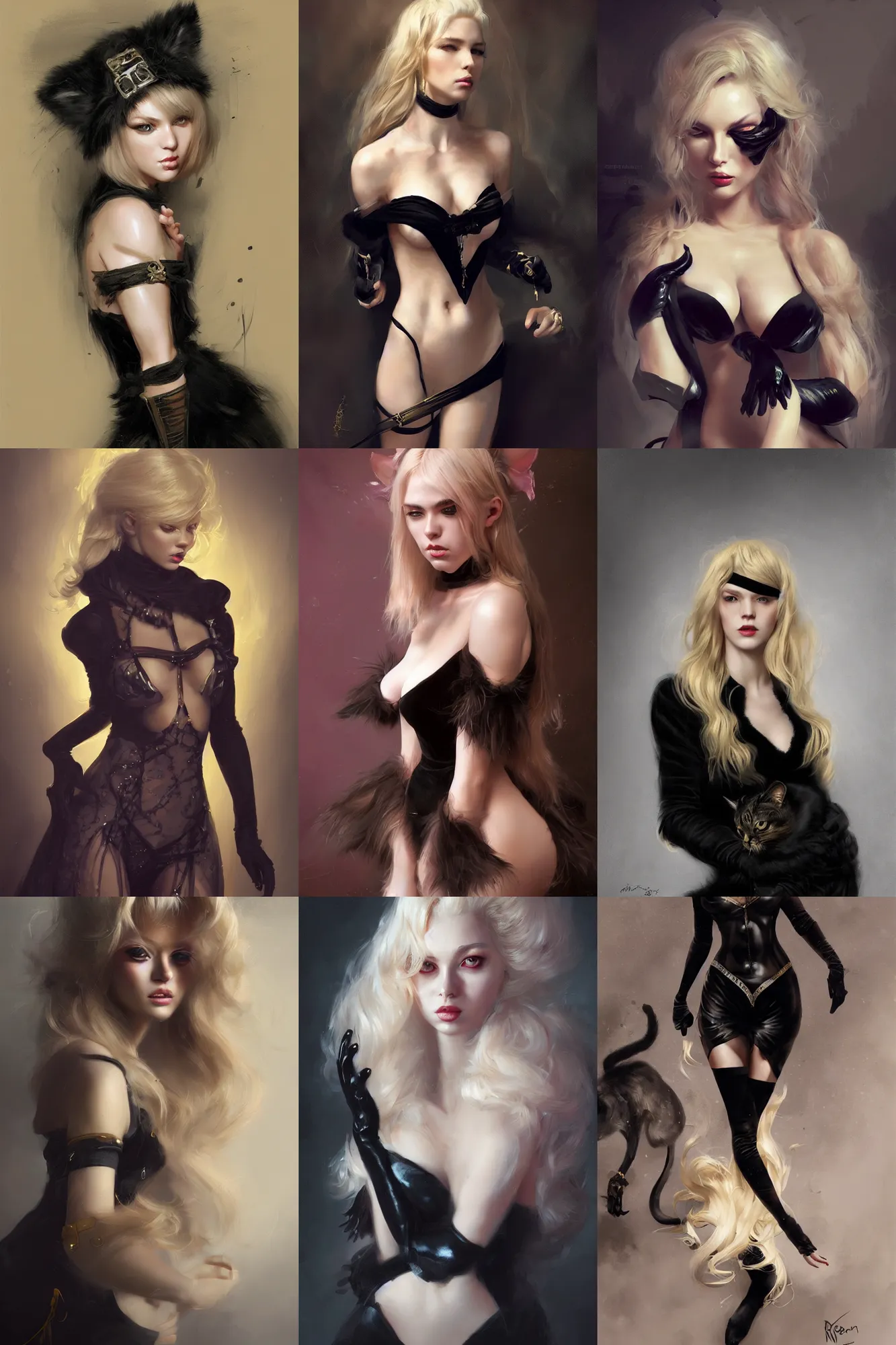 Prompt: blonde woman 2 0 yo in a black velvet cat costume, high quality theatre costume, fashion, dramatic lighting, highly detailed, digital painting, 3 d render, hyper realistic detailed portrait, greg rutkowski, wlop, ruan jia, peter mohrbacher