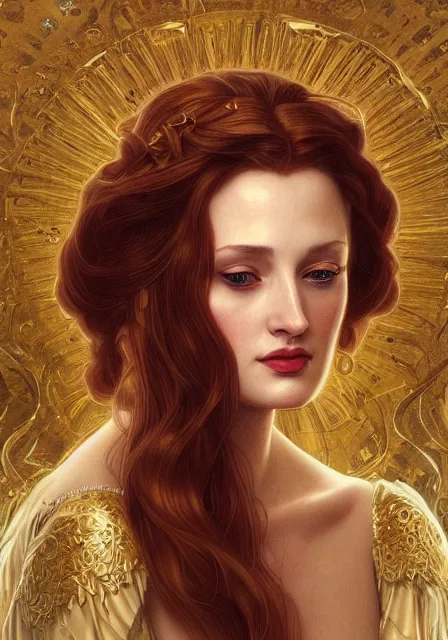 Image similar to sansa angeline jolie gessica chastain in gold, intricate, elegant, highly detailed, digital painting, artstation, concept art, smooth, sharp focus, illustration, art by artgerm and greg rutkowski and alphonse mucha and william - adolphe bouguereau