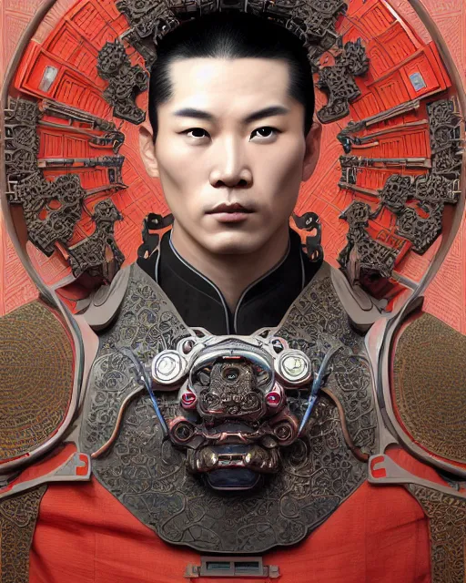 Image similar to portrait of a masculine male cyberpunk machine, machine face, upper half portrait, decorated with chinese opera motifs, asian, fine china, wuxia, traditional chinese art, intricate, elegant, highly detailed, symmetry, headpiece, digital painting, artstation concept art smooth sharp focus, illustration, art by artgerm and greg rutkowski alphonse mucha 8 k