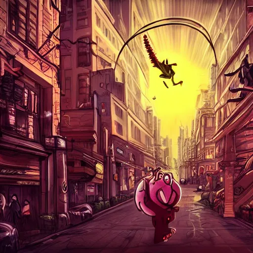 Image similar to bitcoin monster chasing people scared in city, cinematic composition, designed by cointelegraph, hyper - detailed