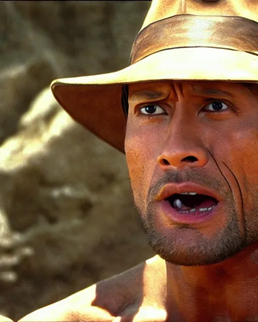 Image similar to Film still close-up shot of Dwayne Johnson as Indiana Jones in the movie Raiders of the Lost Ark. Photographic, photography