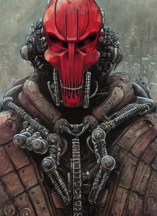 Image similar to portrait of rotten Nicolas Cage as adeptus mechanicus in red hood and robe from Warhammer 40000. Highly detailed, artstation, illustration by and John Blanche and zdislav beksinski and wayne barlowe and Gustav Klimt