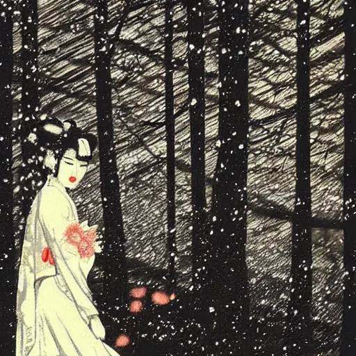 Prompt: geisha in wedding dress walking in the forest at night. full moon. hyper detailed. socialist realism. beautiful and eerie. it is snowing