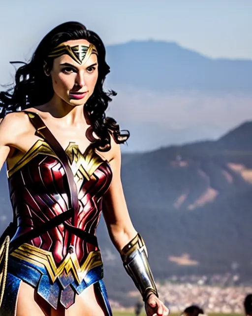 Image similar to gal gadot as wonder woman, at the 2 0 0 - meter starting line, ancient greek olympic trials, mount olympus can be seen off in the distance, sports photography in the style of neil leifer, no dof