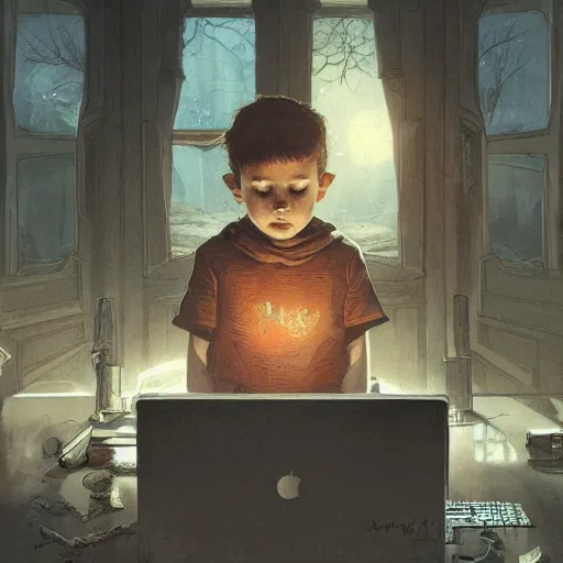 Prompt: a child sits in front of a computer as their imagination spills onto the screen, detailed intricate ink illustration, dark atmosphere, detailed illustration, hd, 4k, digital art, overdetailed art, concept art, by greg rutkowski, by loish, complementing colors, Trending on artstation, deviantart