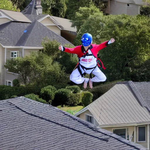 Image similar to base jumping off of roof of suburban house, tv news headline