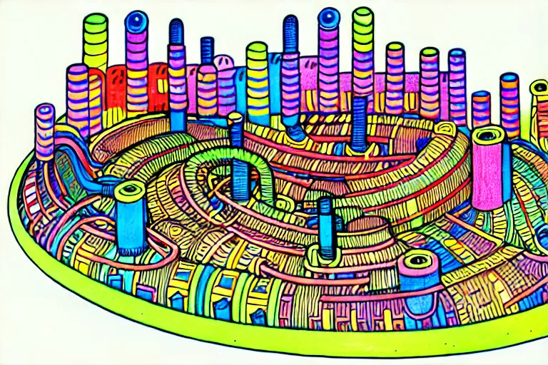 Image similar to an elaborate penned child illustration of a colorful intricate connected city of tubes and pipes, by martin handford and by jan van haasteren