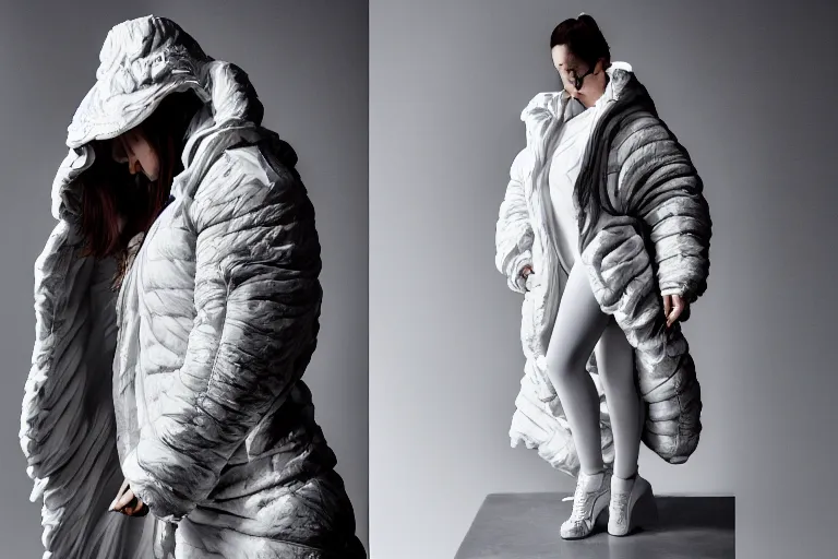 Image similar to well lit fashion shoot portrait of extremely beautiful female marble statue wearing huge over size puffer jacket by dingyun zhang, yeezy, balenciaga, vetements, a cold wall, sharp focus, clear, detailed,, cinematic, detailed, off white, glamourous, symmetrical, vogue, editorial, fashion, magazine shoot, glossy