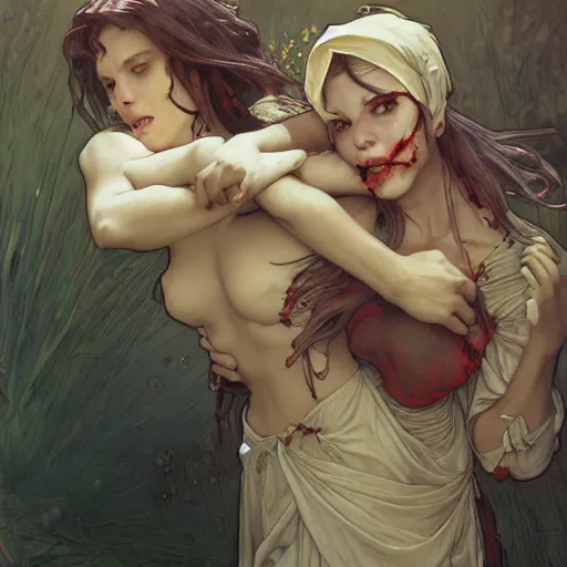 Prompt: two angry zombie girls attacking each other, intricate, art by artgerm and greg rutkowski and alphonse mucha and william - adolphe bouguereau, high detailed, 4 k,