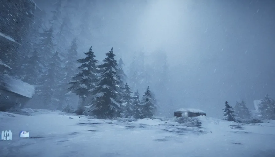 Prompt: Unreal Engine Survival Game in a blizzard, Heavy Thick snow, Fog and Mist, Beautiful dark Landscape, Distant Lights, Hyperrealistic, Hyperdetailed, Concept Art, High Snow