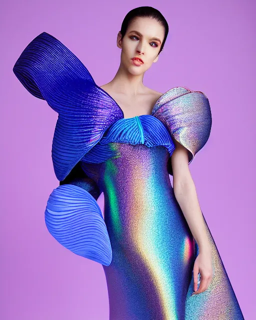 Prompt: ball shaped accordion sleeve haute couture, striking pose, dynamic folds, volume flutter, youthful, modeled by modern designer bust, award fashion, picton blue, petal pink gradient scheme, holographic tones, expert composition, professional retouch