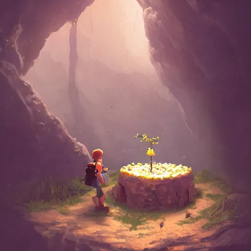 Prompt: an adventurer finding a cake in a dark mysterious cave, digital art, highly-detailed, artstation cgsociety