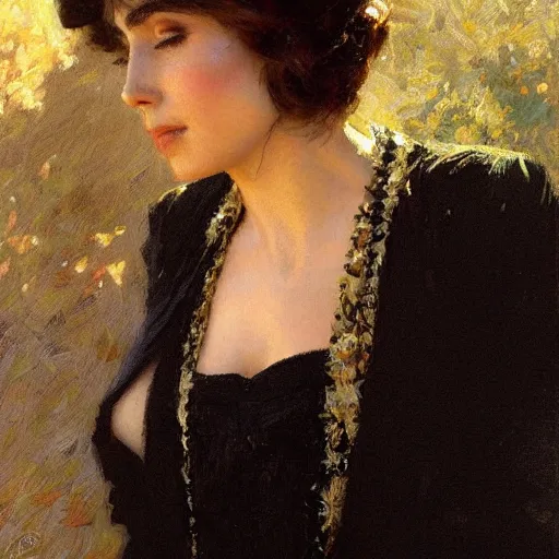 Image similar to detailed portrait of lilly collins in black clothes, spring light, painting by gaston bussiere, craig mullins, j. c. leyendecker