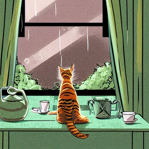 Prompt: Window view of a tabby cat sitting next to a steaming cup of tea on a messy desk, in the background in a green garden on a rainy day, high contrast, dramatic lighting, graphic novel, art by Ardian Syaf and Pepe Larraz,
