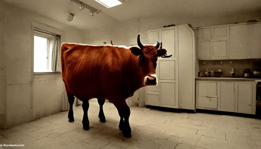 Image similar to a giants cow in a stalinist style kitchen, by mini dv camera, very very low quality, heavy grain, very blurry, accidental flash, caught on trail cam