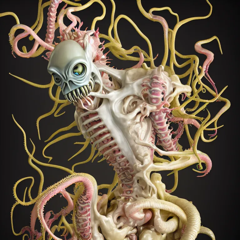 Prompt: still life of white xenomorph, beautiful pastel color tropical flowers, glossy metallic human spine, spiky tentacles, human body parts, colorful mold, baroque painting, beautiful detailed intricate insanely detailed octane render, 8K artistic photography, photorealistic, perfect composition, golden ratio, chiaroscuro, Raphael, Caravaggio