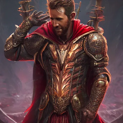 Prompt: ryan reynolds wearing wizard robes leans against yggdrasil romance novel fantasy artwork epic detailed and intricate digital photo trending on artstation by wlop octane render