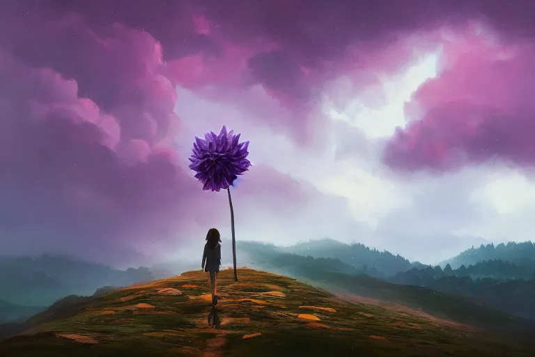 Image similar to giant dahlia flower as a head, girl walking on mountain, surreal photography, stars, dramatic light, impressionist painting, storm clouds, digital painting, artstation, simon stalenhag