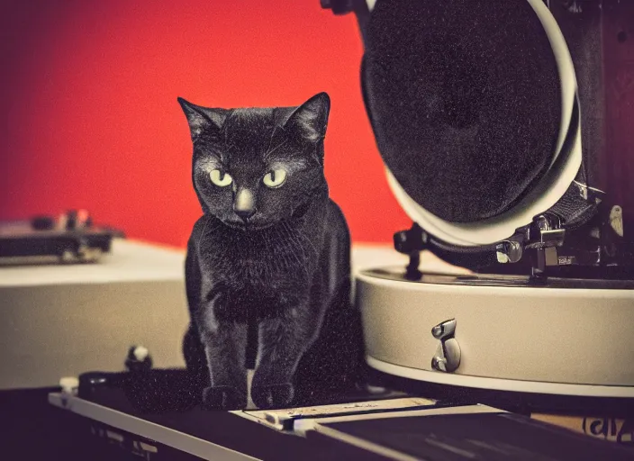 Image similar to photography of a Cat sitting on a record player. in a room full of vinyls and posters out of the 70's, photorealistic, raining award winning photo, 100mm, sharp, high res