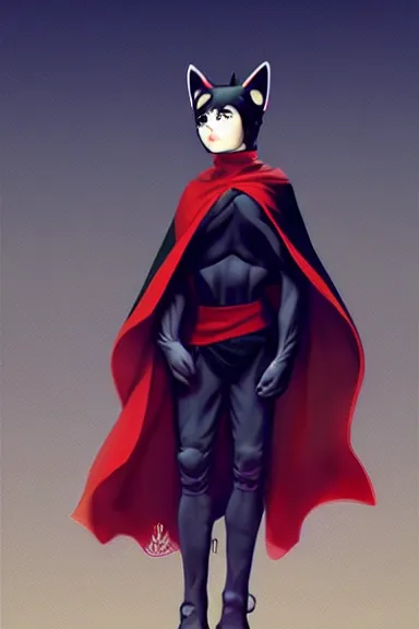 Image similar to little boy with cat ears in an black outfit with red cape. digital artwork made by lois van baarle and kentaro miura and marc simonetti, sharpness focus, inspired by hirohiko araki and noir film, anatomically correct, heroic composition, hero pose, smooth