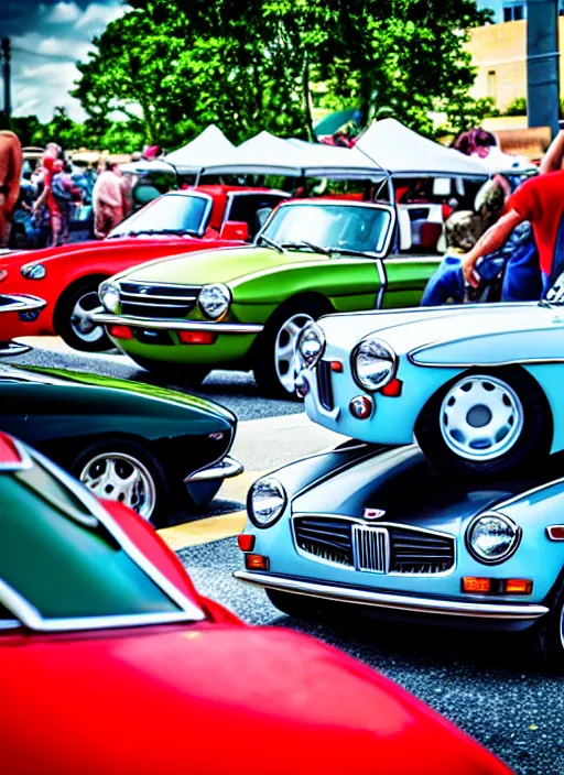 Image similar to car show, many ( mgb ( vehicle ) ) sharpfocus, transformers animated series, photorealism, canon 5 d 5 0 mm lens, isometric