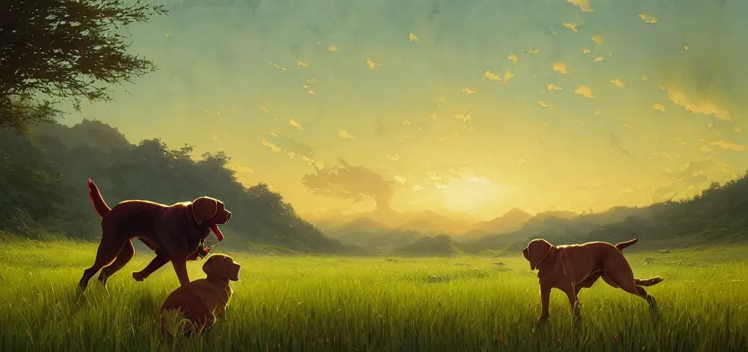 Prompt: breathtaking watercolor painting of massive grass - green labrador retrievers with shaggy green fur leaping through a lush valley of deep grass with a dramatic red sky, fantasy art by greg rutkowski, loish, rhads, ferdinand knab, makoto shinkai and lois van baarle, ilya kuvshinov, tom bagshaw, global illumination, radiant light